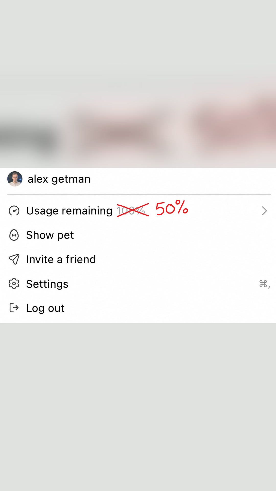Dear Codex gamblers, I made a tiny unofficial macOS hack that makes Codex show half your remaining percentage.